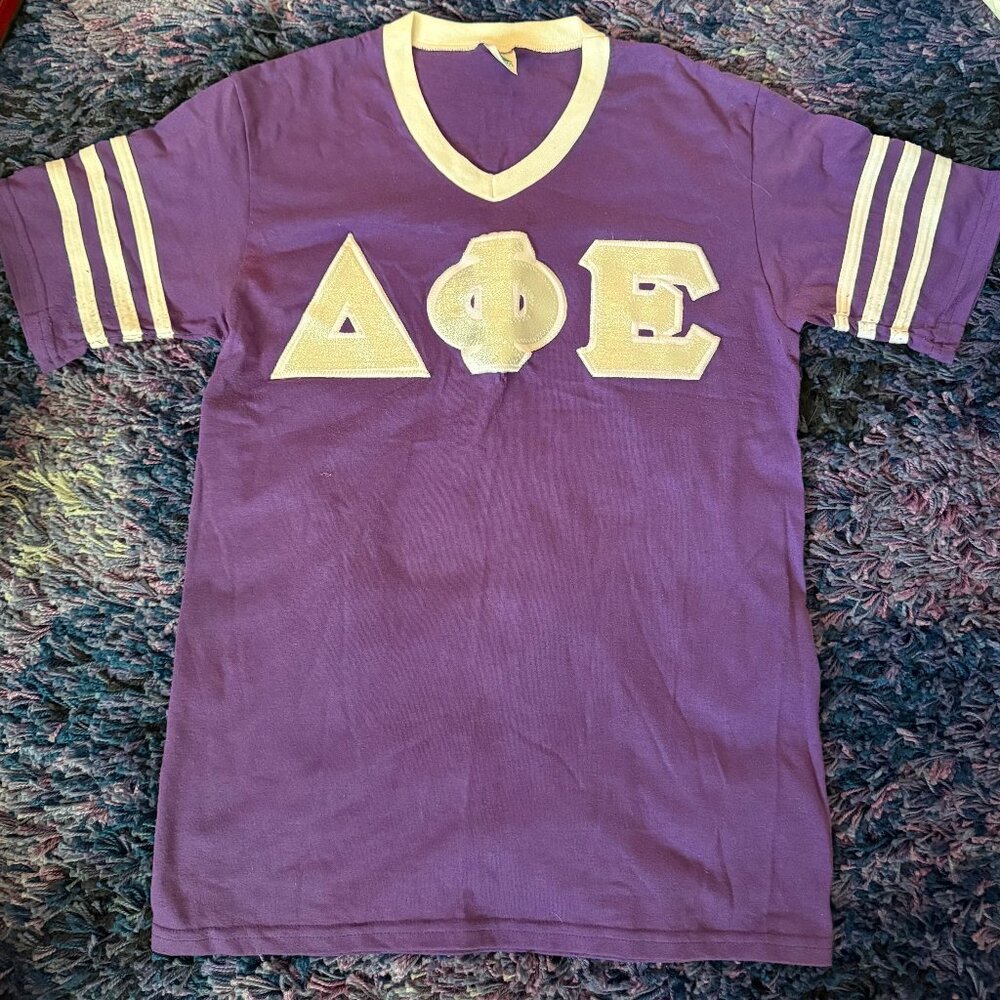 Delta Phi Epsilon DPHIE Sorority T-Shirt Purple Silver Letters White Stripes - M